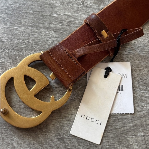 Gucci Marmont Wide Cognac Leather Brown Belt with Gold GG Emblem main image 9
